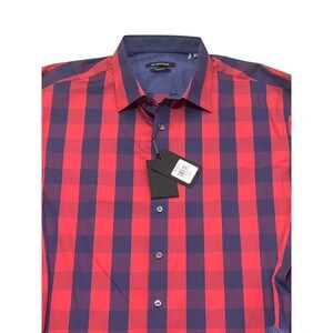 NWT BUGATCHI Men's Red Navy Plaid Ruby Long Sleeve Shaped Fit Dress Shirt XXL